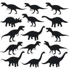 Dinosaur roaring in different positions, silhouette set vector. Big dinosaur standing silhouette collection on a white background. Historic carnivore animals full body silhouette bundles.