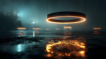 Glowing Rings in Dark Futuristic Setting Abstract Art