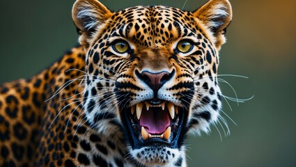 Obraz premium Close-up portrait of a spotted big cat, a jaguar or leopard, a wild predator in nature