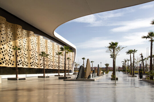 Marrakesh, Morocco - February 20, 2019: Entrance of International Menara Airport. Marrakesh is the most popular tourist destination in Morocco.