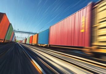 Fototapeta premium Moving colorful freight containers on railway tracks under blue sky with motion blur.
