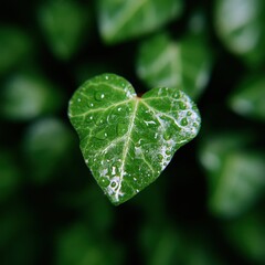 Rain on ivy leaf, filtered light through trees, nature clarity
