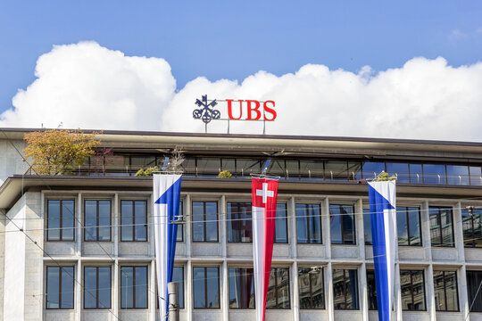 Zurich, Switzerland - April 19, 2021. UBS bank in the Swiss financial center of Zurich city. UBS Bank is the largest Swiss bank which is active globally.