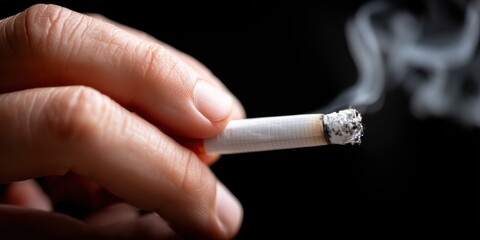 Close-up photo of a hand extinguishing a cigarette, with smoke in the background