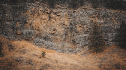 Naklejka premium Majestic Rock Face: Autumnal Hues and Ancient Stone