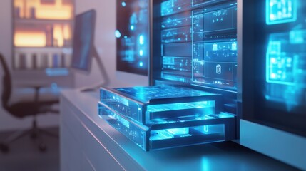 Obraz premium Modern server rack in a tech office