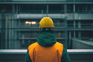 Occupational safety measures in construction setting with a worker observing surroundings
