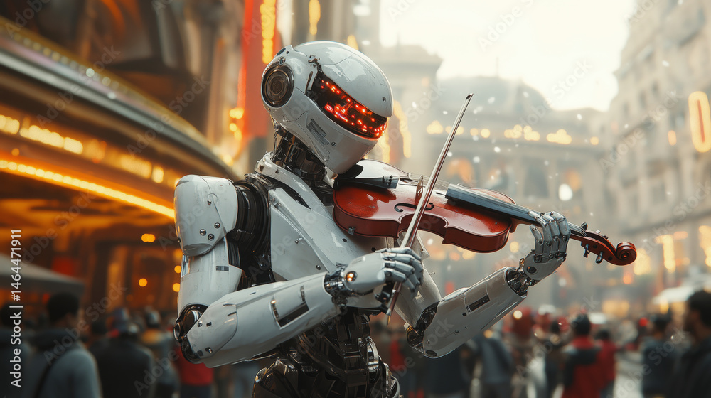 Poster a humanoid robot skillfully plays a violin in a bustling theater district. the vibrant lights and cr