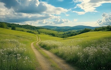 Obraz premium Winding dirt path through white-flower dotted hills under blue sky with clouds.