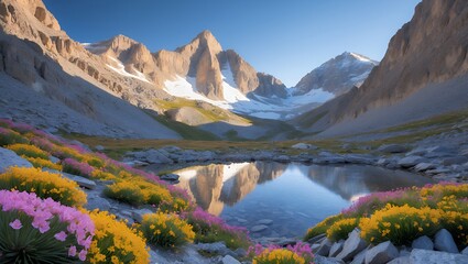 Mountain Peaks Reflected in Lake with Wildflowers