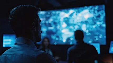 Cybersecurity Specialists Analyzing Data in a High-Tech Control Room Setting