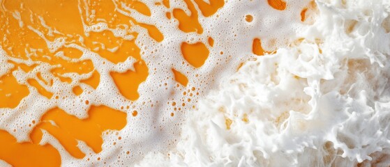 Beer foam and bubbles on a glass surface with a vibrant golden amber lager background creating an inviting and refreshing beverage scene.