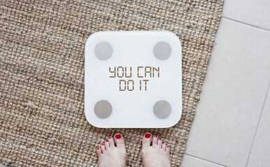 YOU CAN DO IT text written on digital scale screen. Weight loss concept. diet motivation background