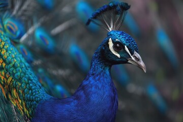 Close-up of a peacock's vibrant plumage.