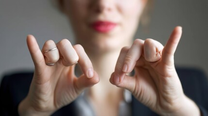 extreme close up of business woman's hands making deaf sign language, fingers gesticulating, shallow focus, realism, high quality studio style photography,