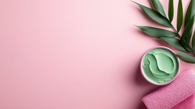 A serene layout featuring a green facial mask with spa essentials on a pink surface, encapsulating beauty and relaxation while promoting self-care and wellness.