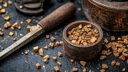 Refined gold nuggets, tools, and a rustic setting