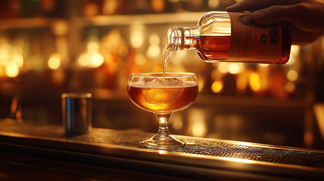 Amber-colored cocktail being poured into a short glass by bartender in dark moody ambiance