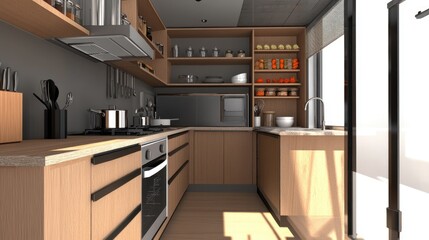 Modern L-Shaped Kitchen Interior Design with Wood Cabinets and Open Shelving