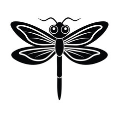 Black and white silhouette of a dragonfly insect isolated on a white background