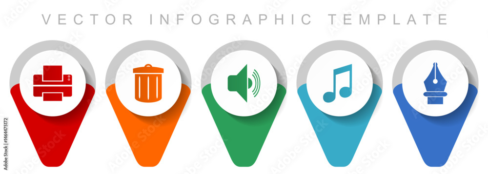 Poster media pointer collection, miscellaneous icons such as printer, trash can, speaker, note and pen, fla