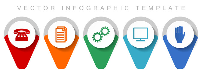 Technology pointer collection, miscellaneous icons such as phone, document, gears, tv and hand, flat design vector infographic template in eps 10
