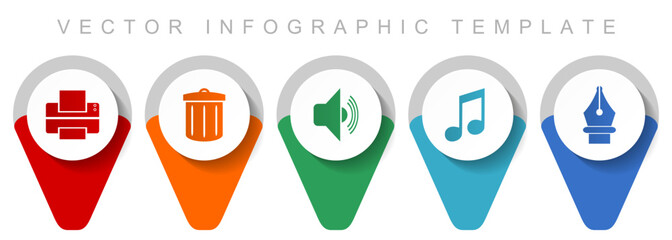 Media pointer collection, miscellaneous icons such as printer, trash can, speaker, note and pen, flat design vector infographic template in eps 10