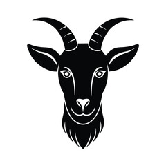 Fototapeta premium Stylized black silhouette illustration of a goat head with curved horns and simple design