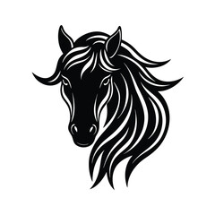Elegant black and white horse head silhouette with flowing mane on a clean white background