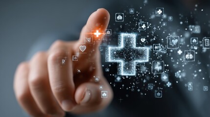 Hand touching a medical cross symbol with icons on a blue background, an AI technology concept for healthcare and medical services.