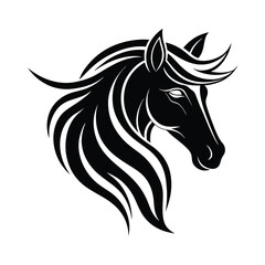Elegant black horse head silhouette with flowing mane suitable for logos and designs