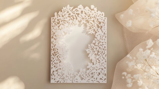 Elegant Laser Cut Wedding Invitation Design with Floral Pattern and Delicate Beige Background