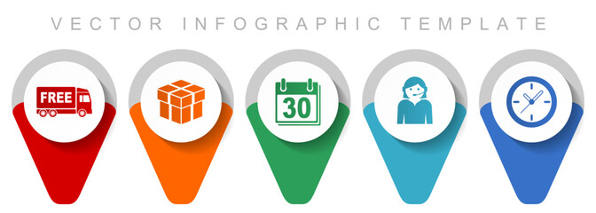 Business pointer collection, miscellaneous icons such as free delivery, calendar, clock and call center, flat design vector infographic template in eps 10