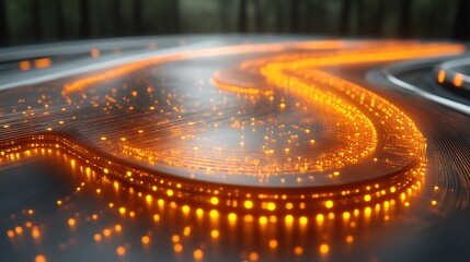 Obraz premium Glowing orange light flowing through curving digital fiber pathways