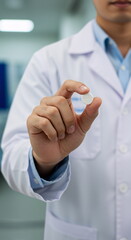 Scientist holds a white pill in a lab setting while discussing pharmaceutical research and development
