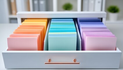 A drawer filled with colorful, organized index cards in an office setting, perfect for sorting and categorizing documents.