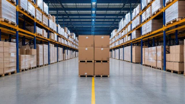 Large warehouse interior featuring organized storage with boxes and pallets for efficient