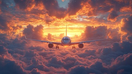 Jet plane soars through dramatic sunset clouds