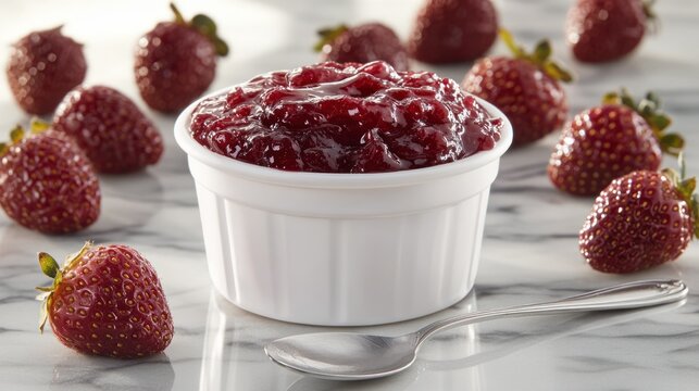 Delicious strawberry jam in a white bowl, surrounded by fresh strawberries