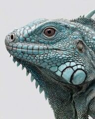 Obraz premium Close-up of a vibrant turquoise iguana showcasing its intricate scales and features against a neutral background