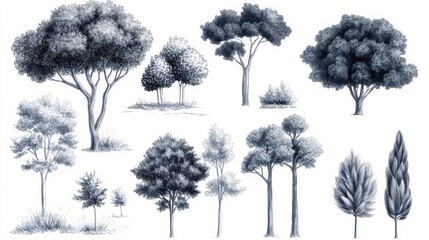 Fototapeta premium Collection of Hand Drawn Trees: Detailed Sketches of Various Tree Species in Monochromatic Blue Hues