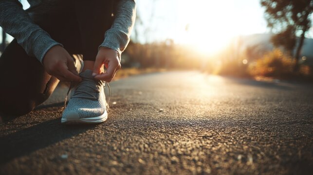 Runner tying shoelaces on asphalt path