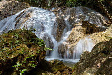 Scenic view of waterfall in tropical rainforest 
