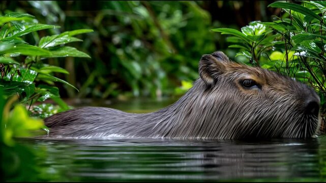 Capybara schwimmt entspannt im dichten Dschungelwasser zwischen tropischen Pflanzen