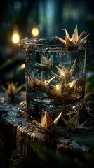 Glass filled with delicate origami cranes suspended in water on a forest stump, designed for creative print campaigns, mindfulness product packaging, and artistic conceptual branding
