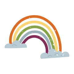 Rainbow of clouds with texture. Flat color isolated doodle illustration. Lovely spring and summer weather. A cozy mood. Suitable for decoration, postcards, packaging, prints.