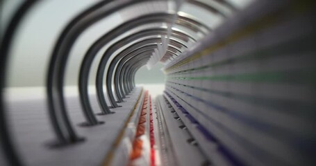 Notebook rings form tunnel effect with colorful dividers adding depth and vibrancy to composition. Organization and meticulous record keeping