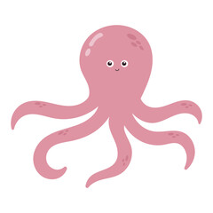 Octopus cartoon character ideal for kids products, ocean themed designs, greeting cards, and educational materials. Playful and cheerful pink cephalopod