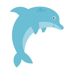 Dolphin in a vibrant blue, cartoon style, playfully jumps out of the ocean waves. Perfect for children's books, ocean themed designs