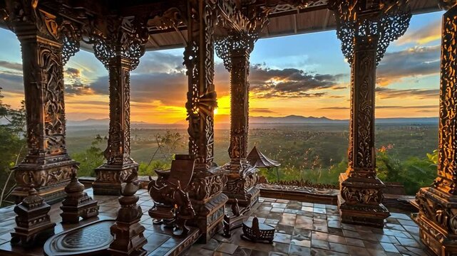 sunset over a joglo house in the mountains